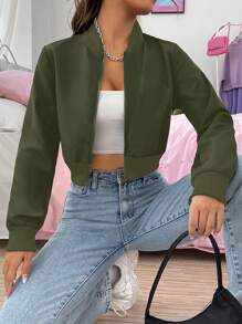 SHEIN Unity Dây kéo Mùa vụ Áo khoác bomber - xanh quân đội - Xem 1