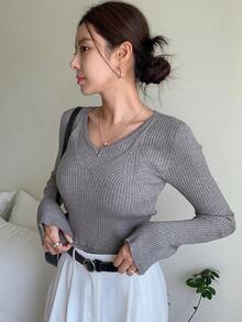 DAZY 二合一素色條紋針織套頭毛衣 - 淺灰色 - 查看 6