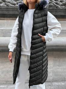 SHEIN Cottnline Túi xéo Trang trí Fuzzy áo có mũ Áo gi lê Lông vũ - màu đen - Xem 5