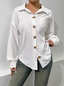 Chiquease 落肩袖口袋貼布前紐扣落肩袖襯衫 - 白色 - 查看 3