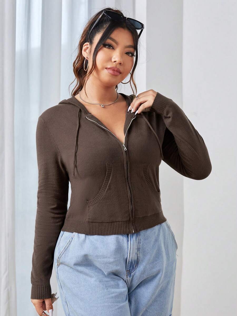 SHEIN EZwear 大碼拉鏈開襟抽繩連帽開襟衫 - 咖啡棕 - 查看 1