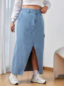 SHEIN EZwear Plus Flap Pocket Denim Skirt - Medium Wash - View 4