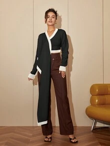 女士拼布撞色长袖圆领时尚短款针织毛衣 - 黑色 - 查看 4