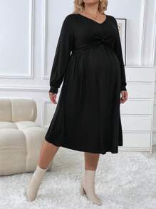 SHEIN 孕婦大碼前扭結洋裝 - 黑色 - 查看 4