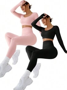 Easithlete 2pcs Seamless & Stretch Thumb Holes Sports Set Outfit Set Workout Women Set - Multicolor - View 1