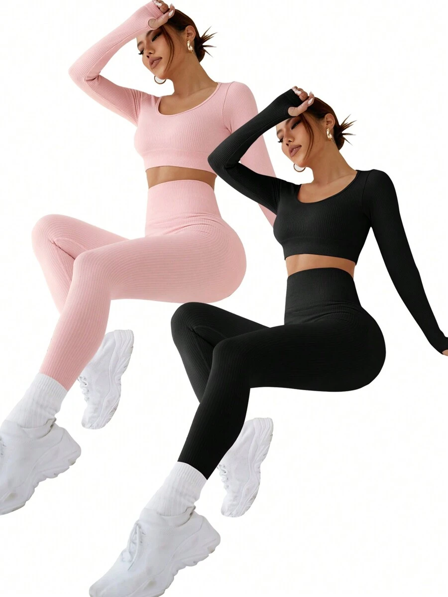 Easithlete 2pcs Seamless & Stretch Thumb Holes Sports Set Outfit Set Workout Women Set - Multicolor - View 1