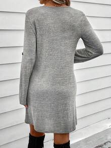 SHEIN LUNE 捲邊袖前紐扣T恤洋裝 - 灰色 - 查看 2