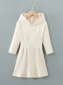 SHEIN 年輕女孩褶皺連帽洋裝 - 杏色 - 查看 3