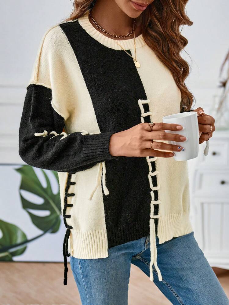 Two Tone Lace Up Front Drop Shoulder Knit Pullover Fall Winter Sweater