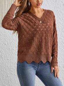 SHEIN VCAY Pointelle Knit Drop Shoulder Sweater - Redwood - View 4