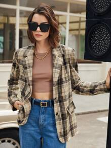 BizChic Plaid Print Lapel Neck Blazer - Brown - View 5