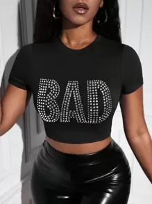 Slaydiva 水鑽字母圖案短款T恤 - 黑色 - 查看 1