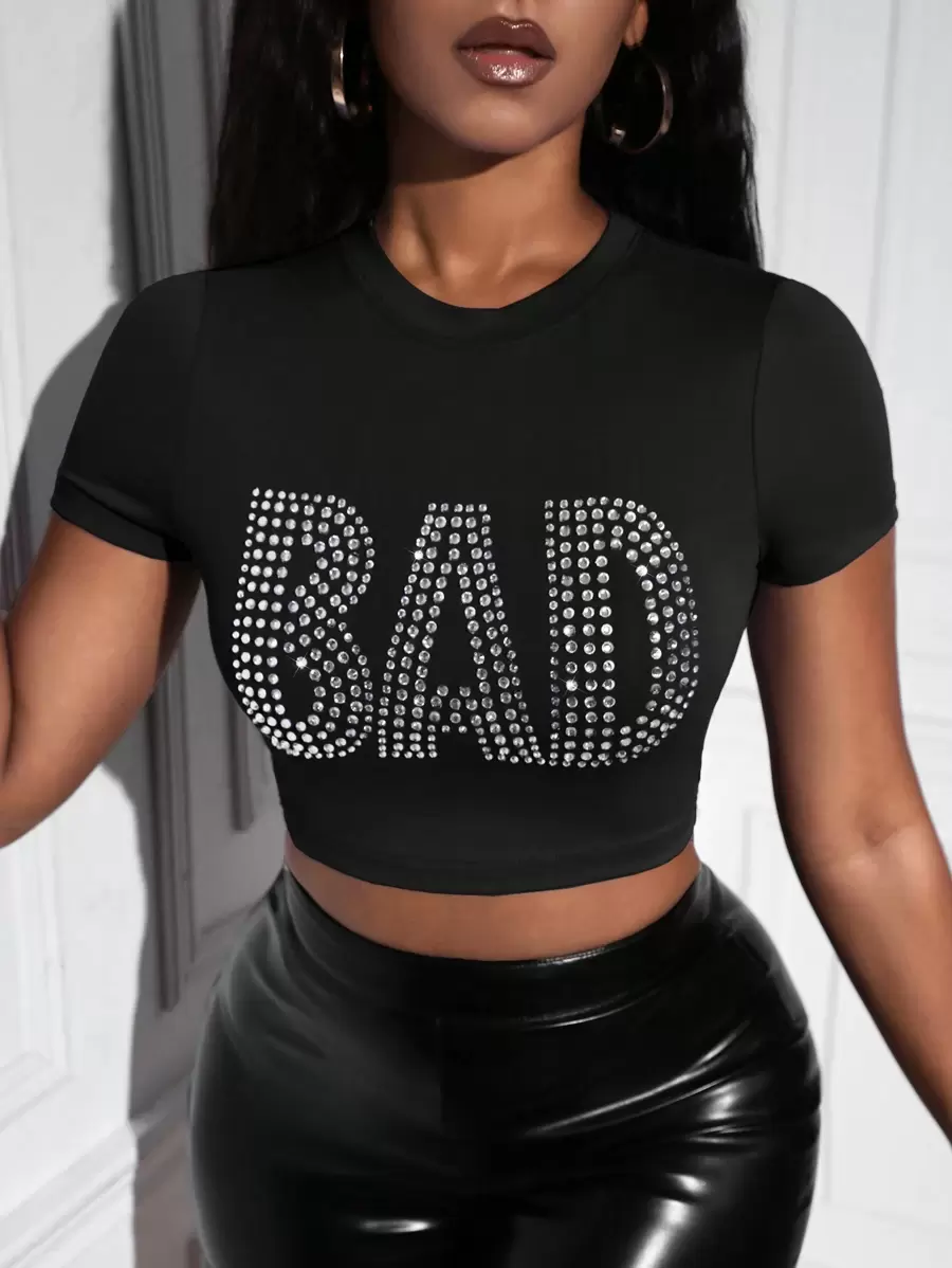 Slaydiva 水鑽字母圖案短款T恤 - 黑色 - 查看 1