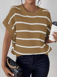 SHEIN Essnce Mẫu sọc tay cánh Knit ngọn - màu nâu - Xem 1