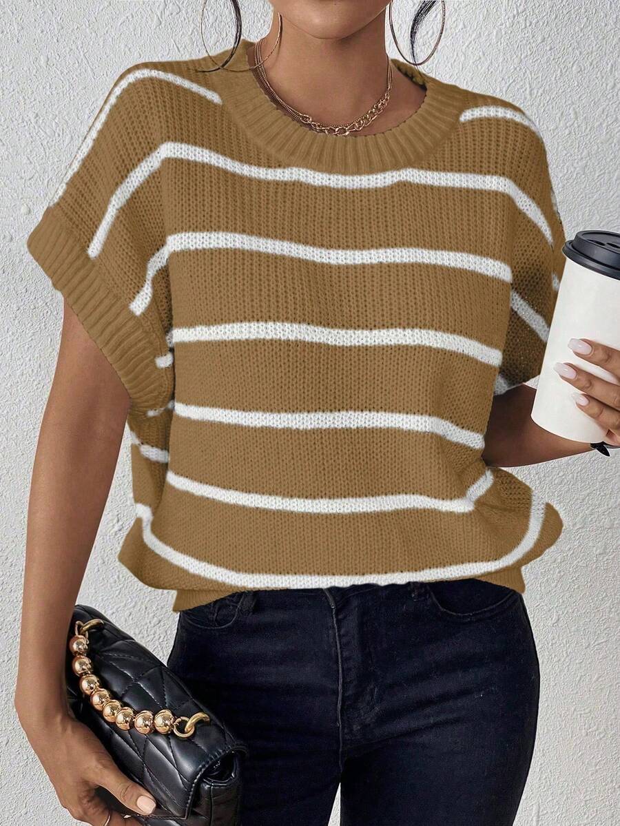 SHEIN Essnce Mẫu sọc tay cánh Knit ngọn - màu nâu - Xem 1