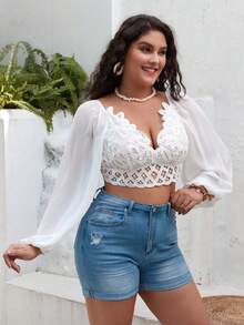 SHEIN VCAY Plus Guipure Lace Insert Lantern Sleeve Crop Blouse - White - View 5