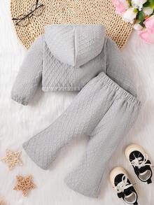 女嬰素色吊帶上衣和下擺開叉喇叭褲和連帽夾克 - 灰色 - 查看 2