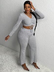 Slaydiva Plus Drawstring Front Crop Tee & Pants - Grey - View 4