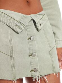 SHEIN BAE Foldover Waist Button Front Raw Hem Denim Skirt - Light Wash - View 7