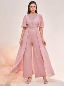 Modelyn 素色蝴蝶袖水鑽細節連身褲 - 粉色 - 查看 1