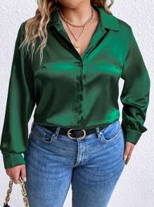 SHEIN Clasi Plus Size Vrouwen Feestkleding Satijnen Shirt Met Lange Mouwen Met Kraag En Studs, Formele Gelegenheidskleding