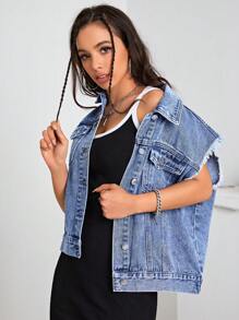 SHEIN EZwear 字母圖案毛邊緣馬甲牛仔夾克 - 中等水洗藍 - 查看 6