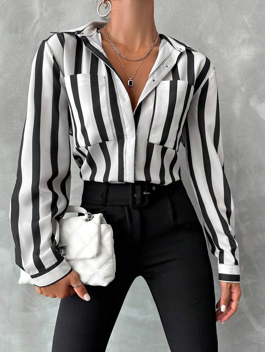 SHEIN Cottnline Striped Print Pocket Patched Shirt - Black and White - View 1
