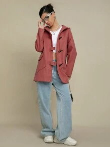 SHEIN Unity Flap Pocket Raglan Sleeve Duffle Hooded Duffle Overcoat - Pink - View 3