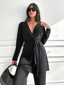 EURMUSE Solid Belted Coat & Pants - Black - View 4