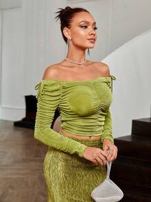 SHEIN Privé 露肩褶皺結細節短款T恤 - 綠色 - 查看 4