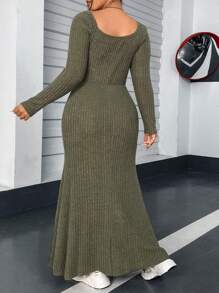 Flirla 大碼方領條紋針織魚尾裙下擺洋裝 - 軍綠色 - 查看 2