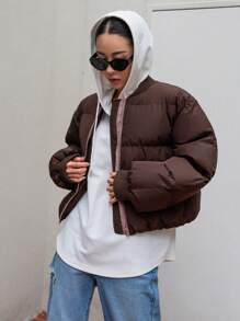 DAZY 拉链棒球领厚口袋外套，女士冬季外套夹克 - 棕色 - 查看 5