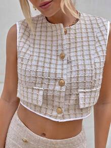 SHEIN Privé Button Front Plaid Overcoat - Apricot - View 1