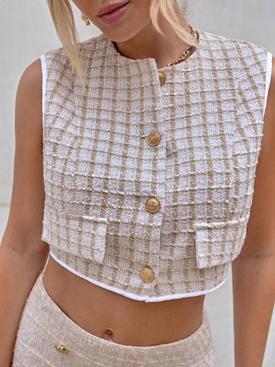 SHEIN Privé Button Front Plaid Overcoat - Apricot - View 1