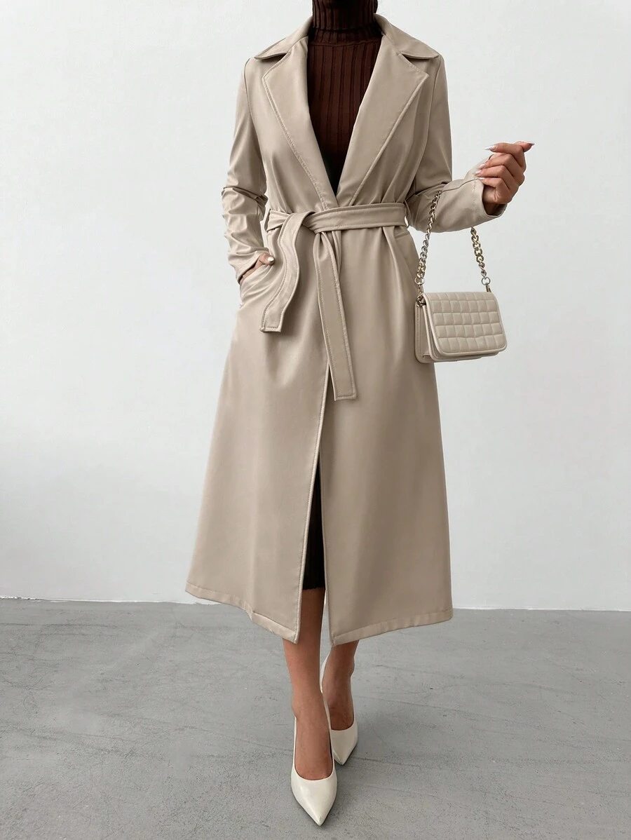 EURMUSE Women's Solid Color Trench Coat, Fashionable For Commuting In Autumn - Beige - View 1