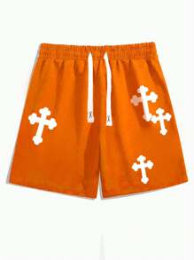 Manfinity EMRG Quần short thắt lưng có dây rút in chữ thập cho nam Loose Fit - trái cam - Xem 2