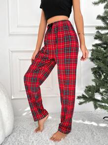 RueChic Tartan Print Bow Front Sleep Pants - Red - View 4