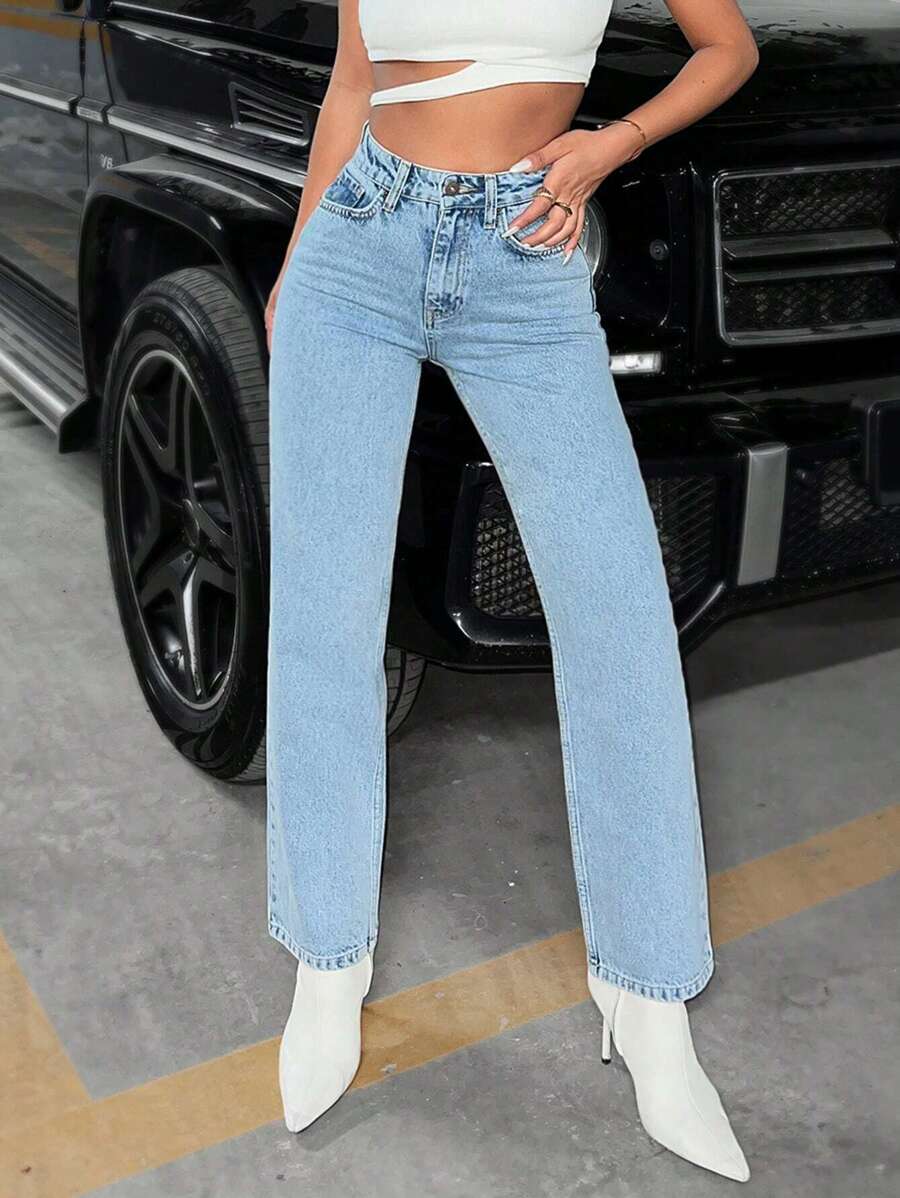 EURMUSE 高腰直筒牛仔褲 - 藍色 - 查看 1