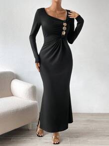 SHEIN Privé Asymmetrical Neck Button Detail Mermaid Hem Dress - Black - View 1