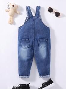 女嬰鯨魚刺繡補丁貼口袋牛仔背帶褲 - 中等水洗藍 - 查看 2