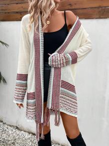 SHEIN LUNE Áo Cardigan họa tiết sọc thả vai tua rua viền - Nhiều màu - Xem 4