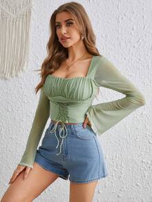 SHEIN VCAY Áo thun có dây buộc phía trước bằng vải xếp - màu xanh lá - Xem 3