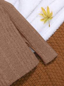 SHEIN 2pcs Baby Boy/Girl Solid Color Soft Comfortable Knit Casual Long Sleeve Top Set - Brown - View 4