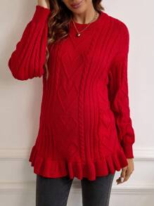 SHEIN Maternity Cable Knit Drop Shoulder Ruffle Hem Sweater, For Winter - Red - View 1