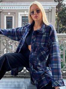 EURMUSE Plaid Print Drop Shoulder Coat - Navy Blue - View 2