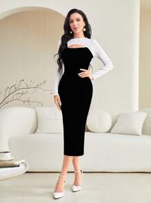 Modelyn Vestido de punto de dos tonos con abertura - Negro - Ver 3