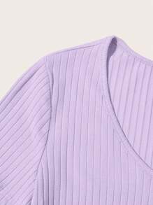 SHEIN Essnce Cổ chữ V Gân đan Áo phông trơn - Màu tím hoa cà - Xem 5