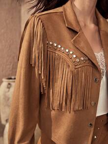 Bohemela 流蘇邊短夾克 - 棕色 - 查看 5