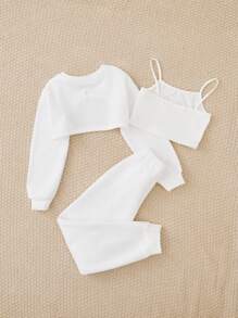 SHEIN Tween Girl Butterfly Print Cami Top & Sweatpants & Super Crop Pullover - White - View 2