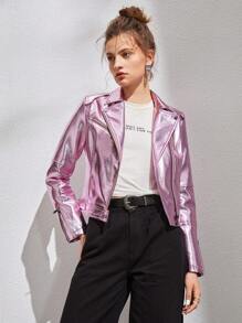 SHEIN Allurite Zip Up PU Leather Moto Jacket - Pink - View 2